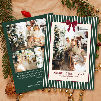 Elegant Red Bow Green Stripes Christmas 4 Photo Holiday Card