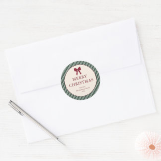 Elegant Red Bow Green Stripes Christmas Classic Round Sticker
