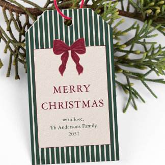 Elegant Red Bow Green Stripes Christmas Gift Tags