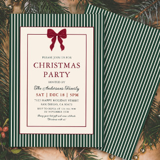 Elegant Red Bow Green Stripes Christmas Invitation