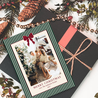 Elegant Red Bow Green Stripes Christmas Photo Holiday Card