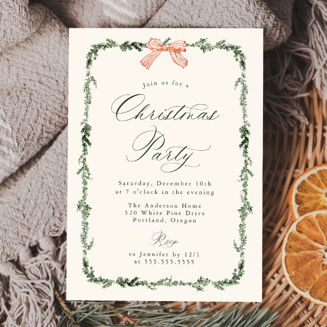 Elegant Red Bow Greenery Garland Christmas Party Invitation (Creator Uploaded)
