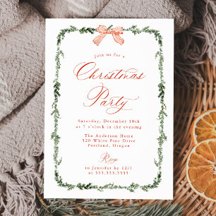 Elegant Red Bow Greenery Garland Christmas Party Invitation