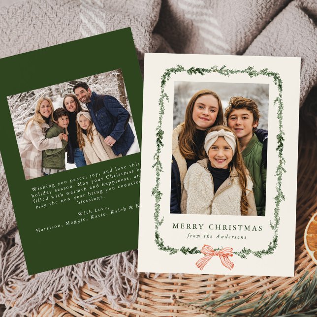 Elegant Red Bow Greenery Garland Cream 2 Photo Holiday Card (Creator Uploaded)
