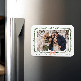 Elegant Red Bow Greenery Garland Holiday Photo Magnet