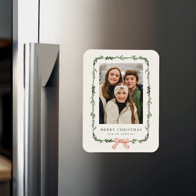 Elegant Red Bow Greenery Garland Holiday Photo Magnet (Creator Uploaded)