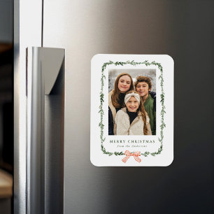 Elegant Red Bow Greenery Garland Holiday Photo Magnet