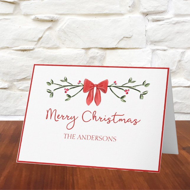 Elegant Red Bow & Holly Personalised Christmas  Card (Celebrate the season with this charming Christmas card, featuring a festive red bow.)