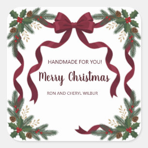 Elegant Red Bow Holly Pine Christmas Holiday Square Sticker