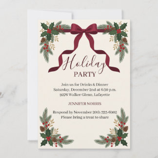 Elegant Red Bow Holly Pine Christmas Party Invitation