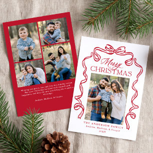 Elegant Red Bow Merry Christmas 5 Photo Holiday Card