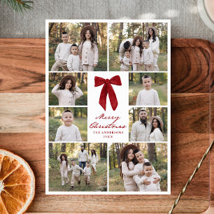 Elegant Red Bow Merry Christmas 8 Photo Collage Holiday Card