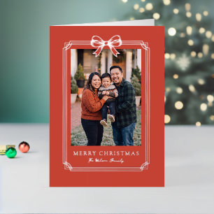 Elegant Red Bow Merry Christmas Family Photo Foil Holiday Card