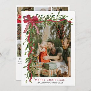 Elegant Red Bow Mistletoe Christmas Multi Photo Holiday Card