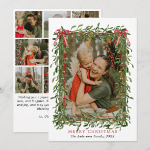 Elegant Red Bow Mistletoe Garland Christmas Photo Holiday Card