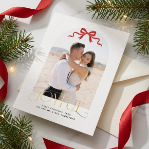 Elegant Red Bow Newlywed JOYFUL Christmas Photo