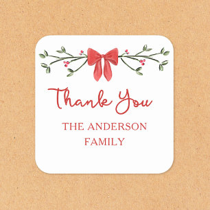 Elegant Red Bow Personalised Christmas Thank You Square Sticker
