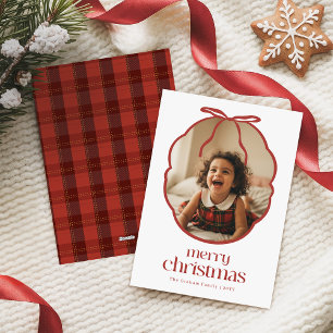 Elegant Red Bow Playful Kid Family Photo Christmas Holiday Card