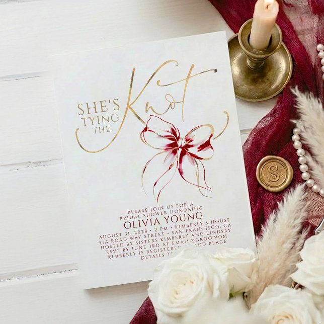 Elegant Red Bow She's Tying The Knot Bridal Shower Invitation (Red Bow Bridal Shower Invitation)