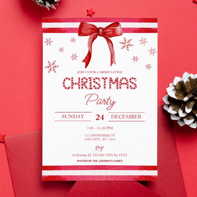 Elegant Red Bow Snowflakes Christmas Holiday Invitation (Front)