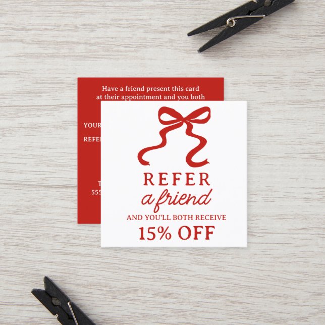 Elegant red bow square elegant referral card (Front/Back In Situ)