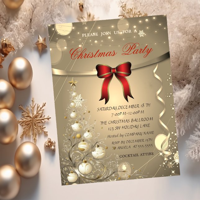 Elegant Red Bow,Tree Balls Company Christmas  Invitation (Creator Uploaded)