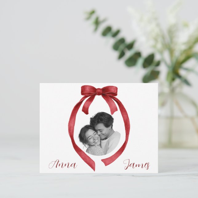 Elegant Red Bow Valentine's Day Card Custom Photo (Standing Front)