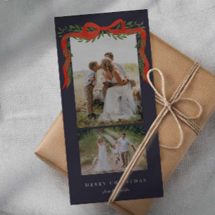 Elegant Red Bow with Greenery 2 Photo Christmas Holiday Card