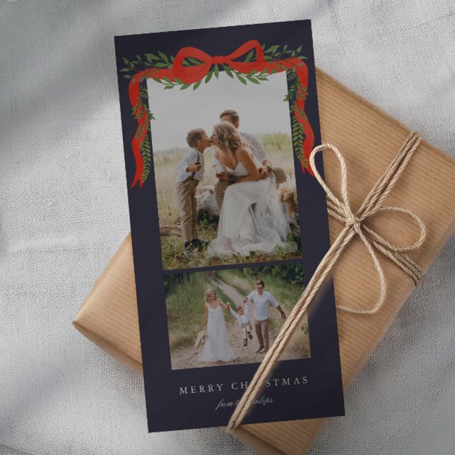 Elegant Red Bow with Greenery 2 Photo Christmas Holiday Card (Elegant painted red bow ribbon with greenery 2 photo Christmas holiday cards.)