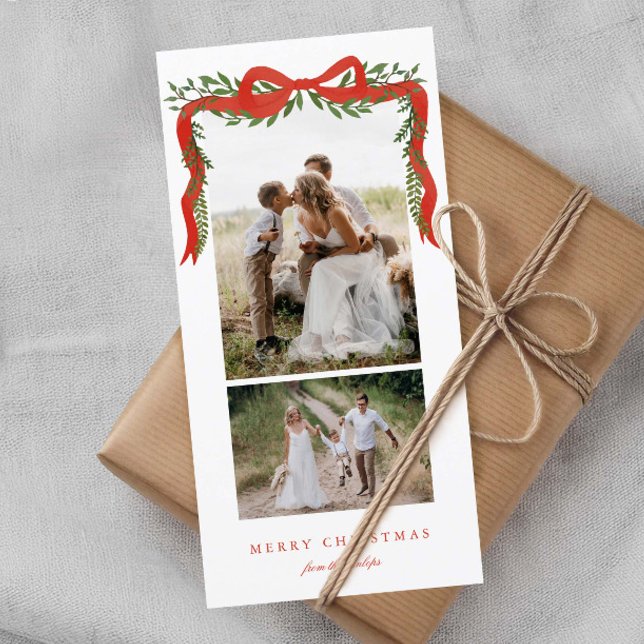 Elegant Red Bow with Greenery 2 Photo Christmas Holiday Card (Elegant red bow with greenery 2 photo tall Christmas holiday cards.)