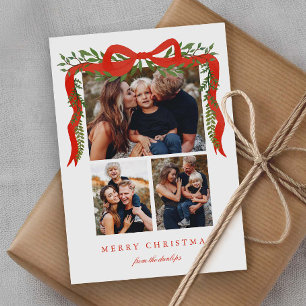 Elegant Red Bow with Greenery 3 Photo Christmas Holiday Card