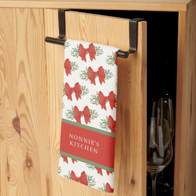 Elegant Red Bow with greenery Monogram Name Tea Towel (Thirds Fold)