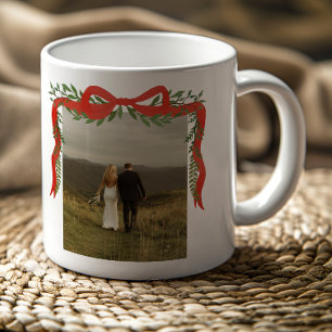 Elegant Red Bow with Greenery Photo Christmas Coffee Mug