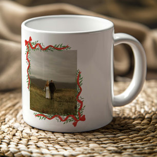 Elegant Red Bow with Greenery Photo Christmas Coffee Mug