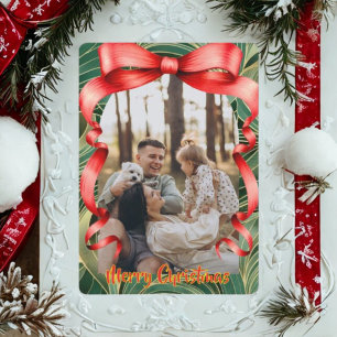 Elegant Red Bow with Greenery Photo Christmas Holiday Card