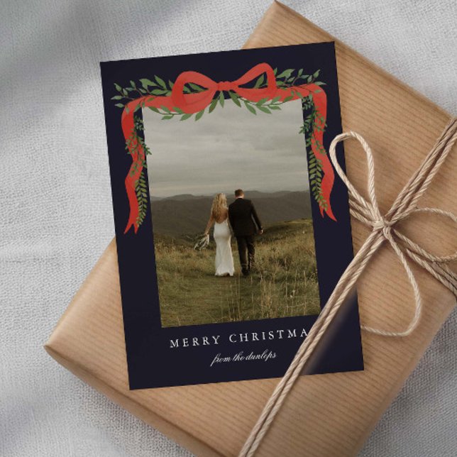 Elegant Red Bow with Greenery Photo Christmas Holiday Card (Elegant red ribbon bow with greenery photo Christmas Holiday Cards.)