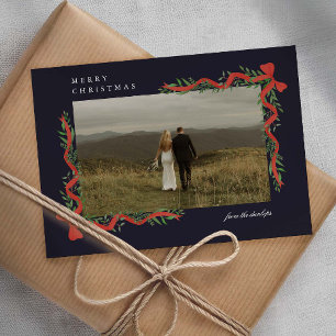 Elegant Red Bow with Greenery Photo Christmas Holiday Card