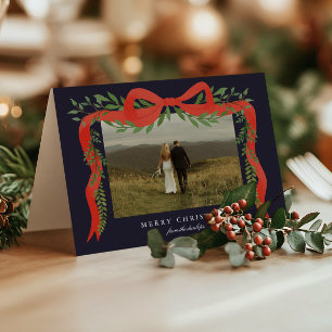 Elegant Red Bow with Greenery Photo Christmas Holiday Card