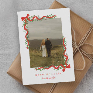 Elegant Red Bow with Greenery Photo Holiday Card