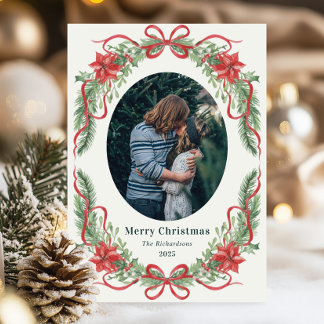 Elegant Red Bow Wreath Christmas Photo Card