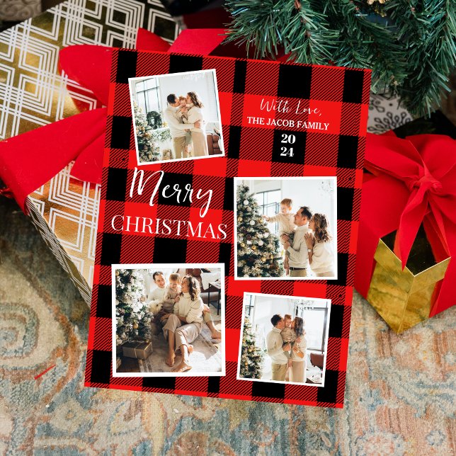 Elegant Red Buffalo Christmas Tree Family 4 Photo Holiday Postcard (Creator Uploaded)