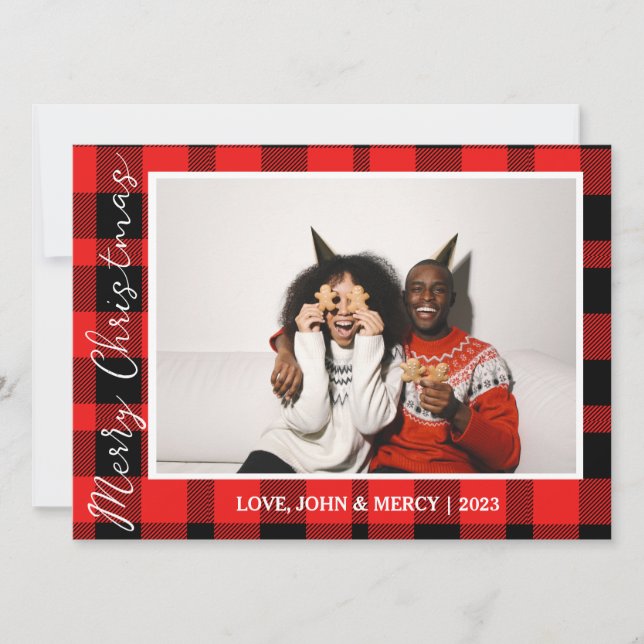 Elegant Red Buffalo Plaid Christmas Couple Photo Holiday Card (Front)