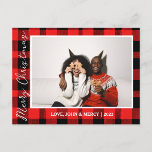 Elegant Red Buffalo Plaid Christmas Couple Photo Holiday Postcard