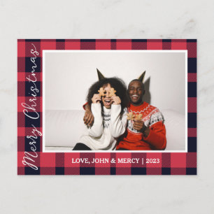 Elegant Red Buffalo Plaid Christmas Couple Photo Holiday Postcard