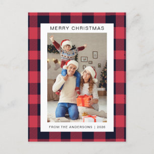 Elegant Red Buffalo Plaid Christmas Family 1 Photo Holiday Postcard