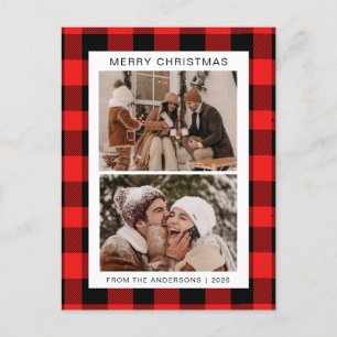 Elegant Red Buffalo Plaid Christmas Family 2 Photo Holiday Postcard