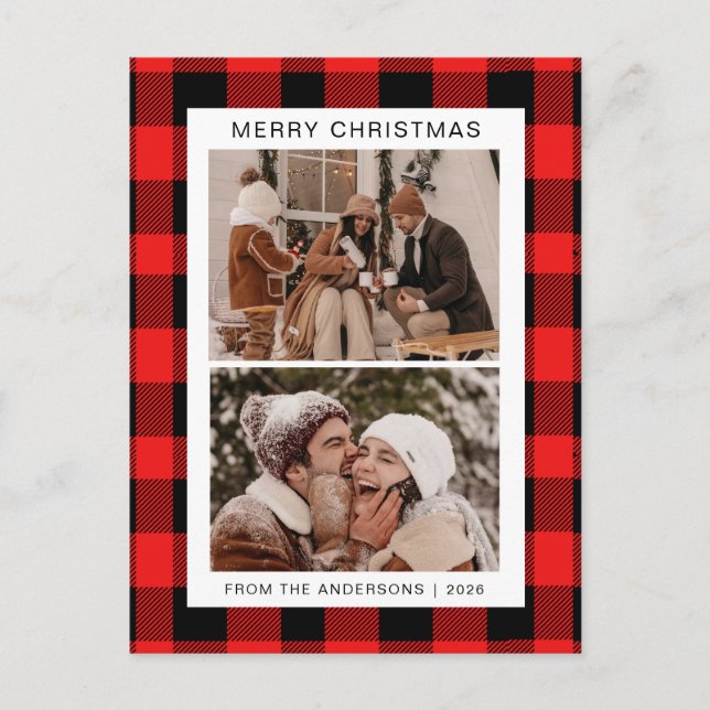 Elegant Red Buffalo Plaid Christmas Family 2 Photo Holiday Postcard (Front)