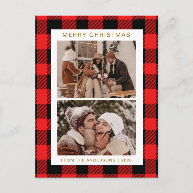 Elegant Red Buffalo Plaid Christmas Family 2 Photo Holiday Postcard (Front)