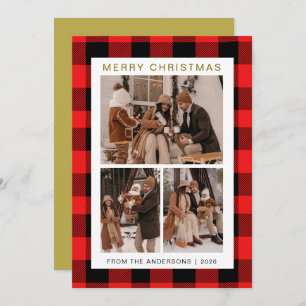 Elegant Red Buffalo Plaid Christmas Family 3 Photo Holiday Card
