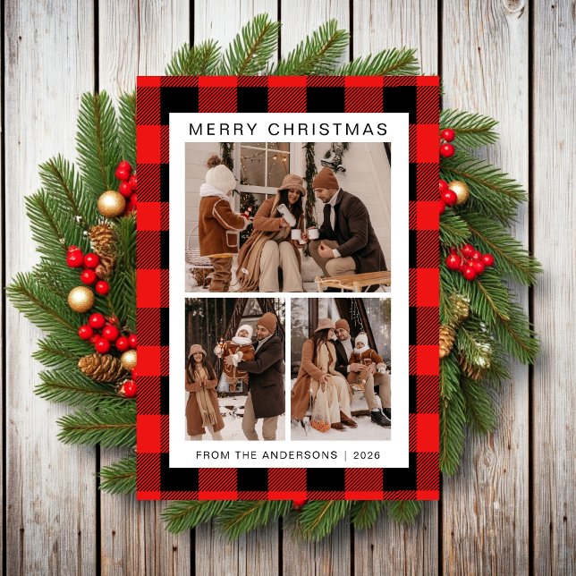 Elegant Red Buffalo Plaid Christmas Family 3 Photo Holiday Card (Creator Uploaded)